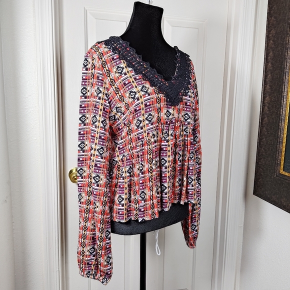 Wrangler Geometric Multicolor Patterned Black Lace V-neck Long Sleeve Top Smal - Picture 5 of 13